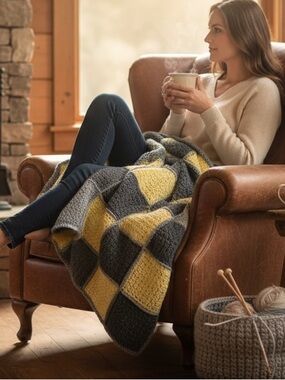 Handmade Patchwork Gray Yellow Blanket Throw Afghan Cottagecore Cabincore Knit‎